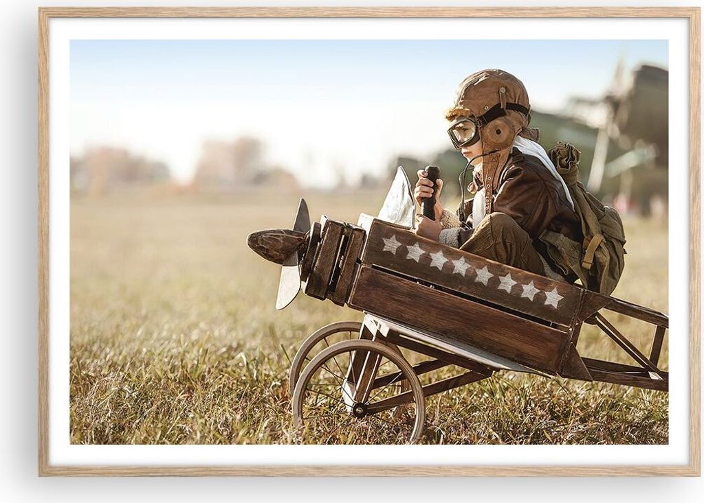 Gerahmtes Poster - Rahmen in heller Eiche - Kindheit Flugzeug Spielzeug - 100x70 cm - Wand Bild - Wanddeko - Wandbilder - Kunstposter - Wandposter ...