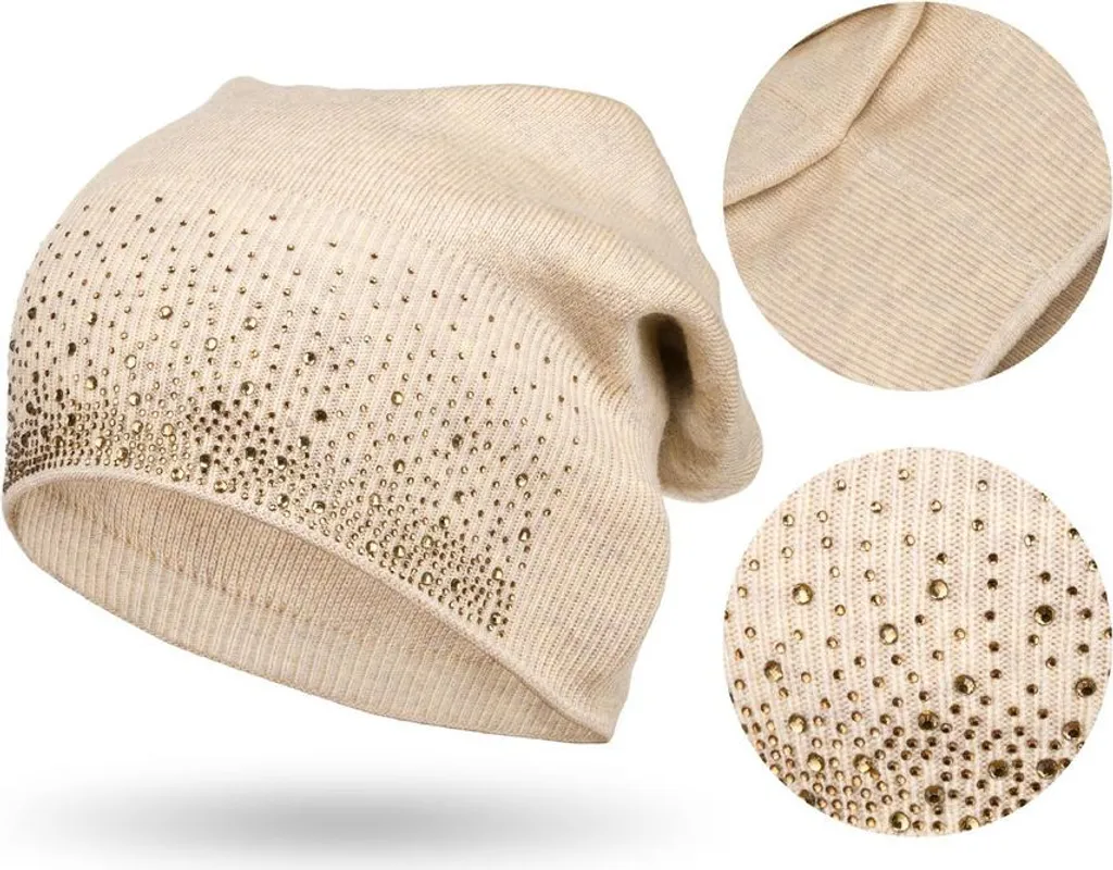 Bonnet à pompon beige orné de cristaux - Accessoire d'hiver Peterson