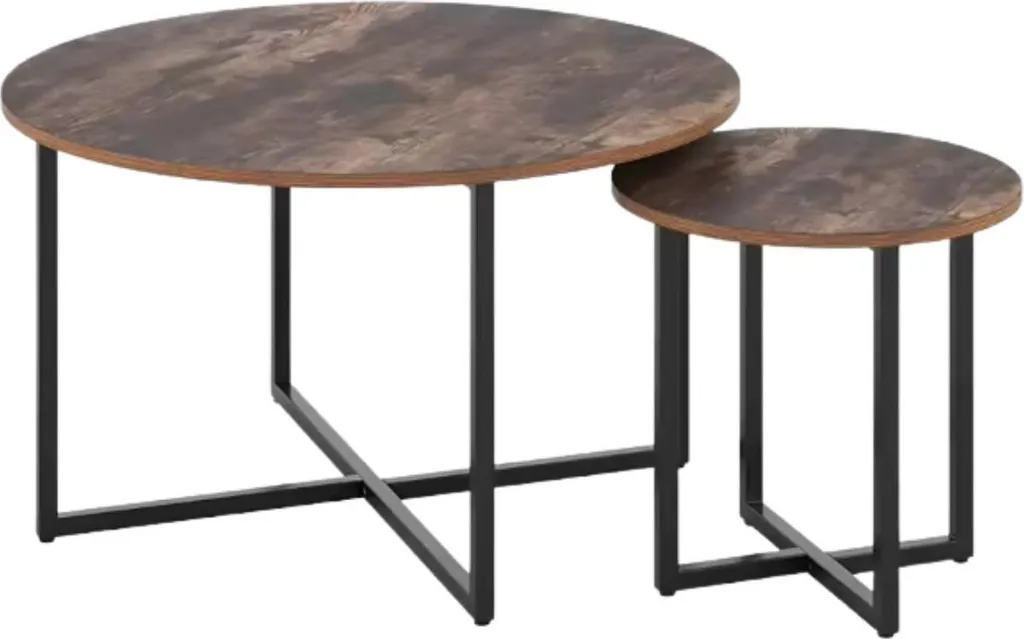 Table Basse Ronde Ø80 cm et Bout de Canapé Bois Vintage Structure Acier