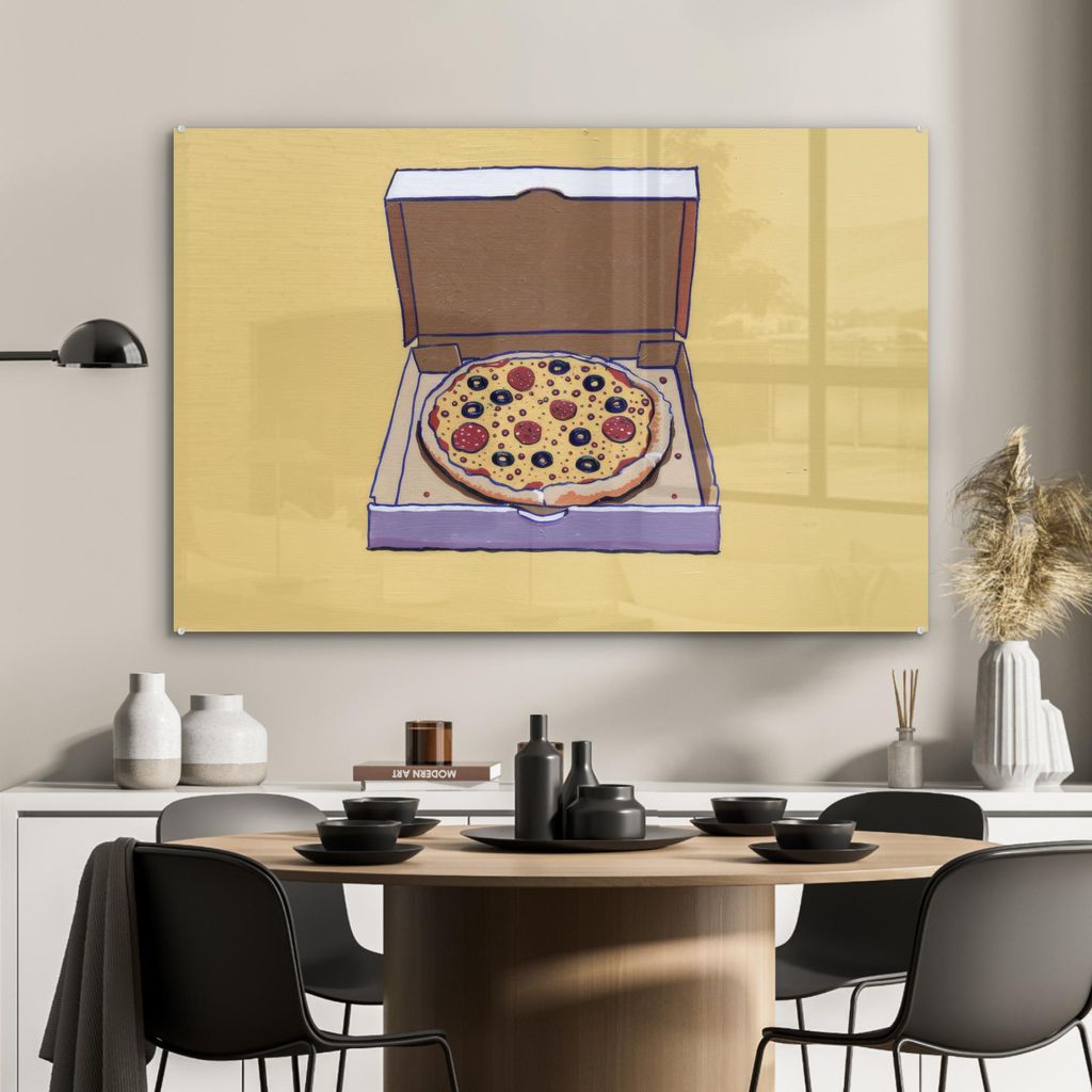MuchoWow Glasbilder - Bilder auf Wandbild - Foto auf Glas Pizza - Schachtel - Salami - Illustration 120x80 cm Wanddekoration aus Glas - Acrylglasbi...