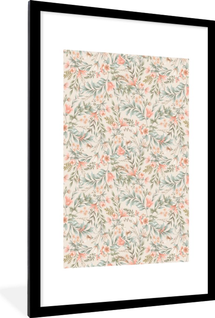 MuchoWow MuchoWow Gerahmtes Poster Vintage - Muster - Pflanzen 60x90 cm - Poster mit zchwarzem Bilderrahmen - Dekoration - Wandposter Wohnzimme...