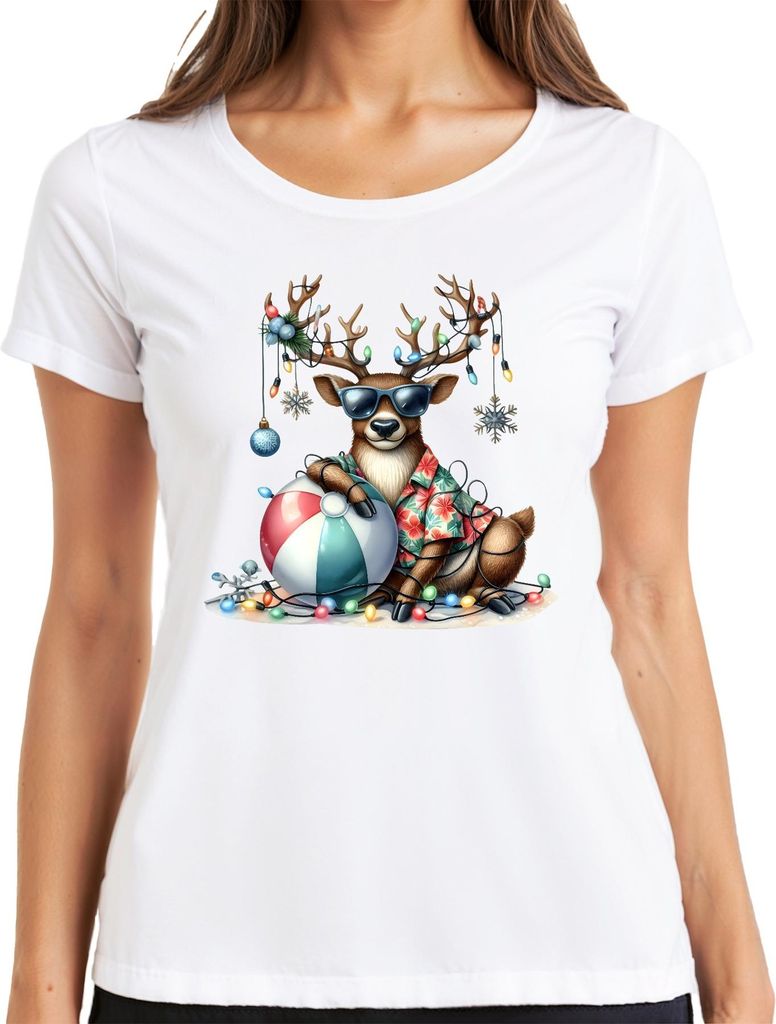Weihnachtsrentier Sonnenbrille Hawaiihemd Strandball Lichterkette Damen T-Shirt, Weiß, XXL