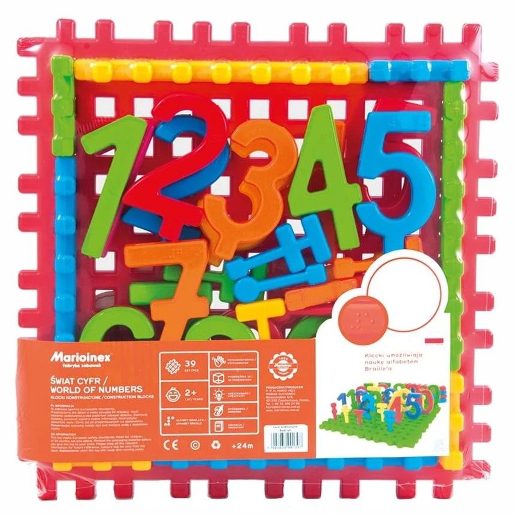 Marioinex Welt der Zahlen – 39-teiliges Waffle-Baustein-Set mit Zahlen und Rechenzeichen (36,5×36,5 cm Grundplatte, elastisches Kunststoff, BPA-...
