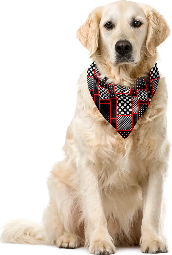 ABAKUHAUS Bandana per animali domestici rossa e nera, geometrica retrò, 40x40 cm, bianco e nero scarlatto