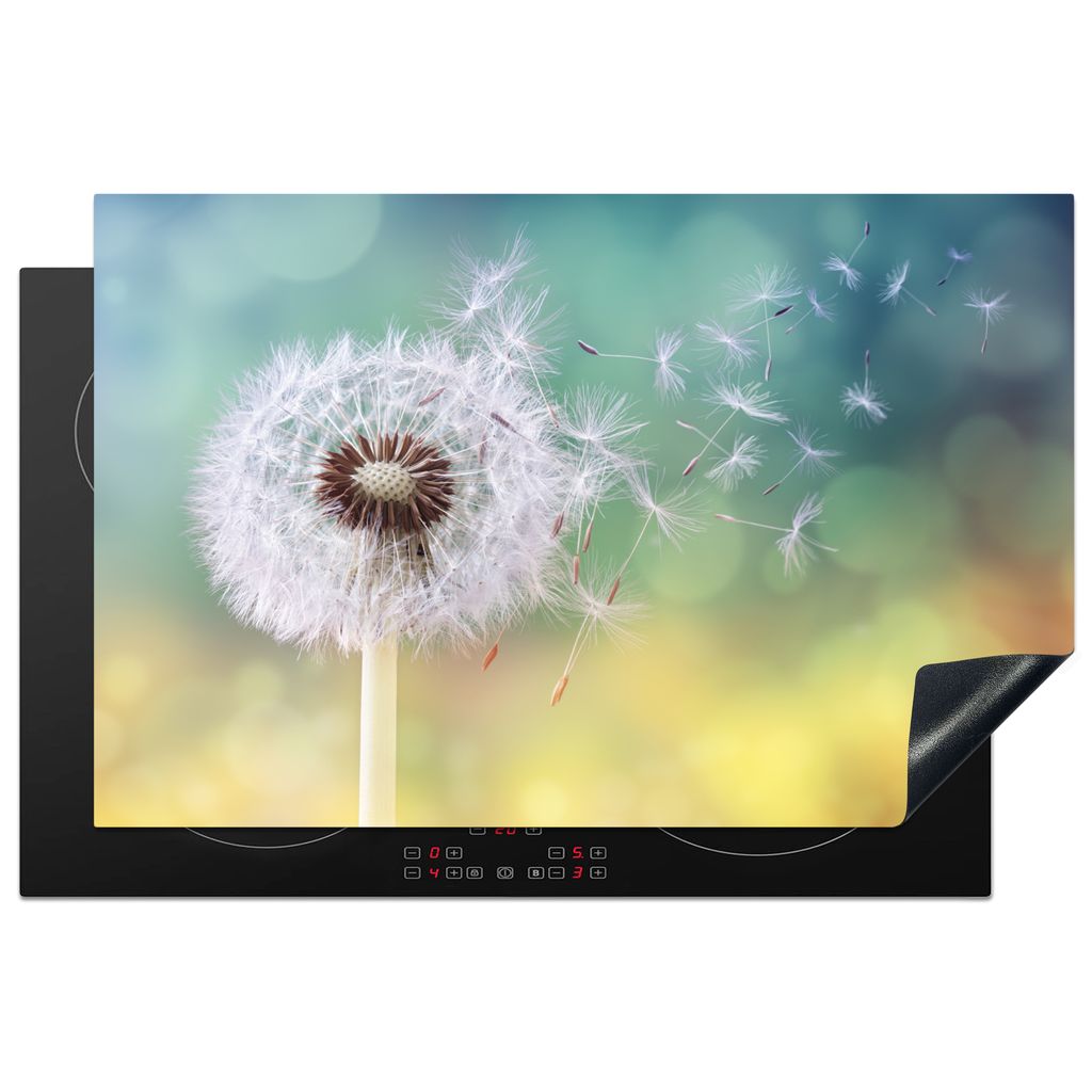 KitchenYeah Herdabdeckplatte Löwenzahn - Blau - Gelb - Natur , 81x52cm, Küche Deko, Glaskeramikkochfeld Herdabdeckung, Abdeckplatte fùr Kochfeld