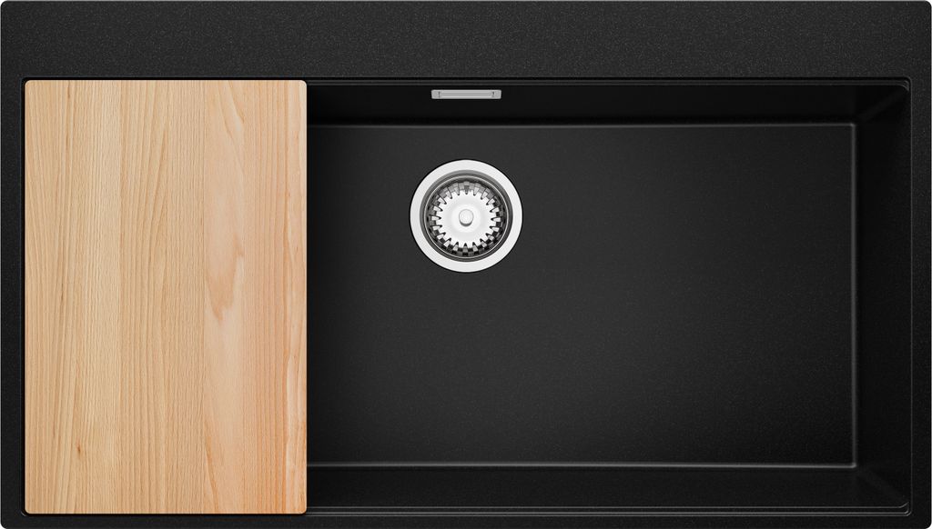 PRIMAGRAN Spülbecken Schwarz 88x50cm, Granitspüle 1 Becken + Ablauf-Set + Schneidebrett, Küchenspüle ab 90er Unterschrank - Oslo