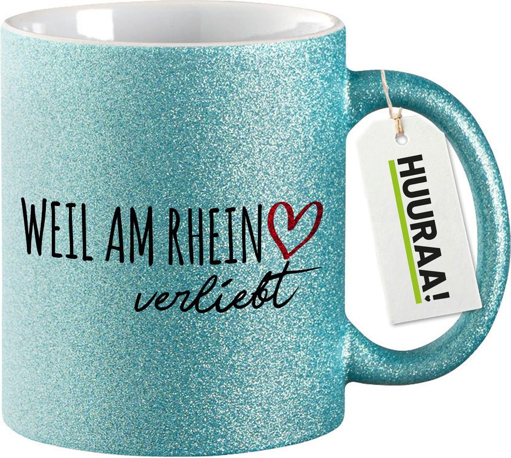 Huuraa Glitzertasse Weil am Rhein verliebt 330ml Blau Keramik Kaffeebecher Geschenkidee