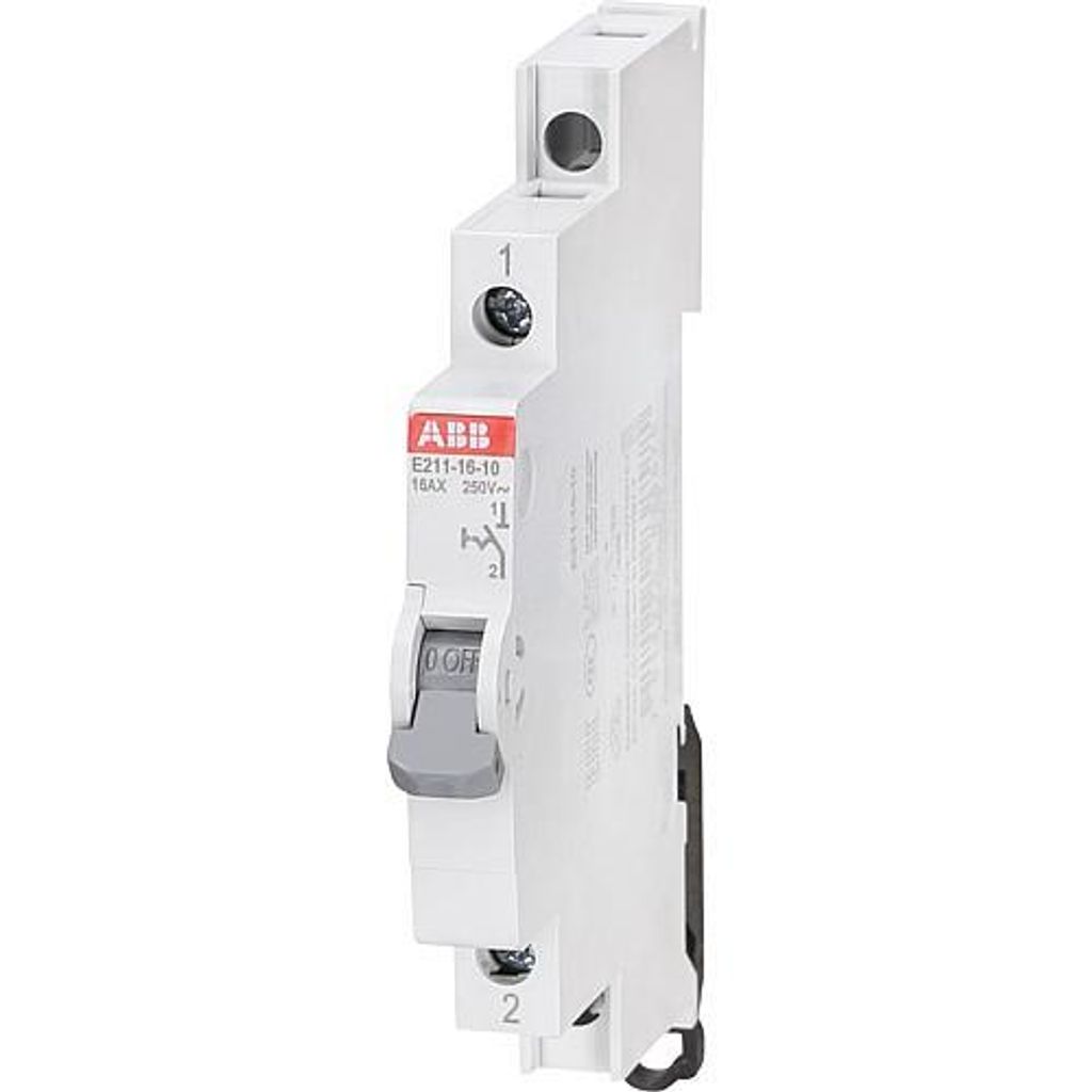 A side view of a white ABB circuit breaker mounted on a rail.