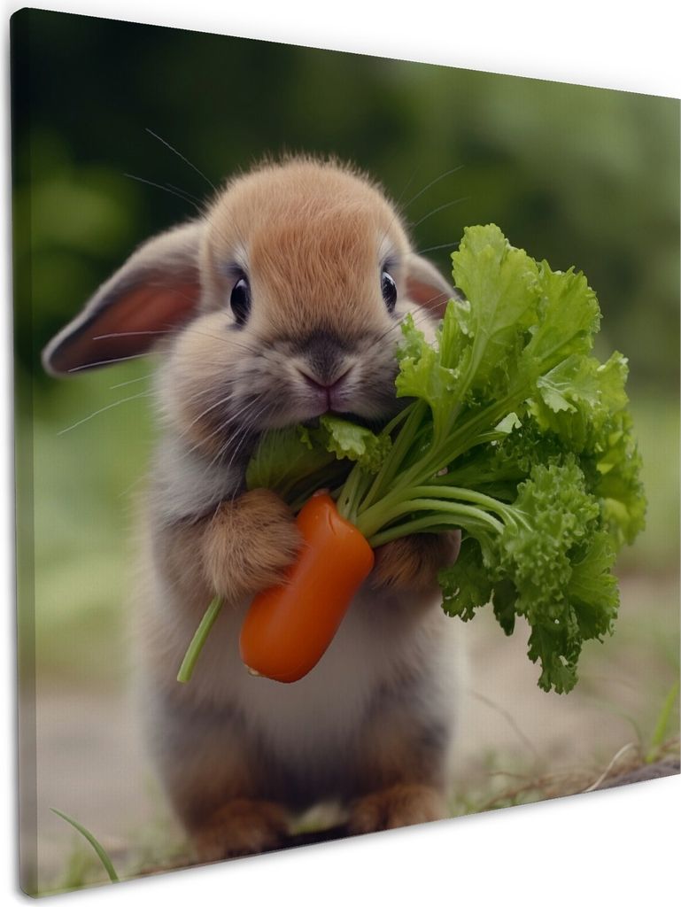 Wallario Premium Leinwandbild Knabbernder Kleinhase in Größe 50 x 50 cm