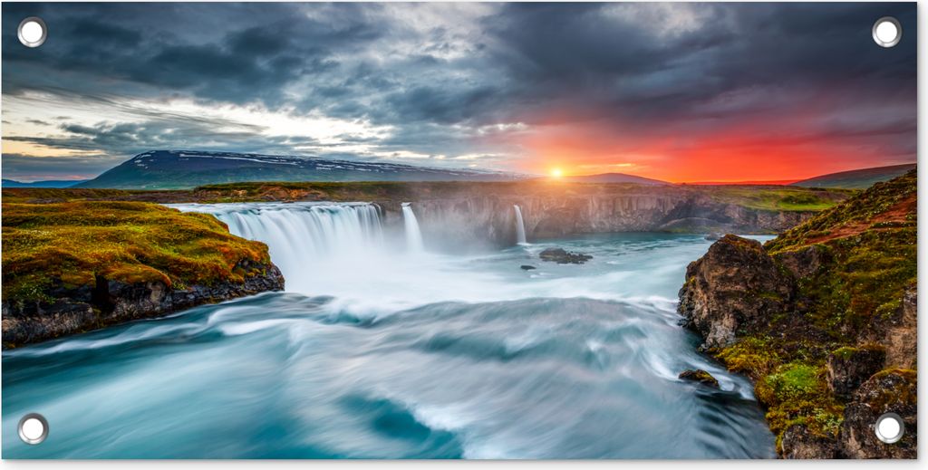 MuchoWow 60x30 cm Outdoor-Poster Gartendeko Sichtschutz Garten Poster für den Garten Wasserfall - Sonnenuntergang - Natur - Wasser