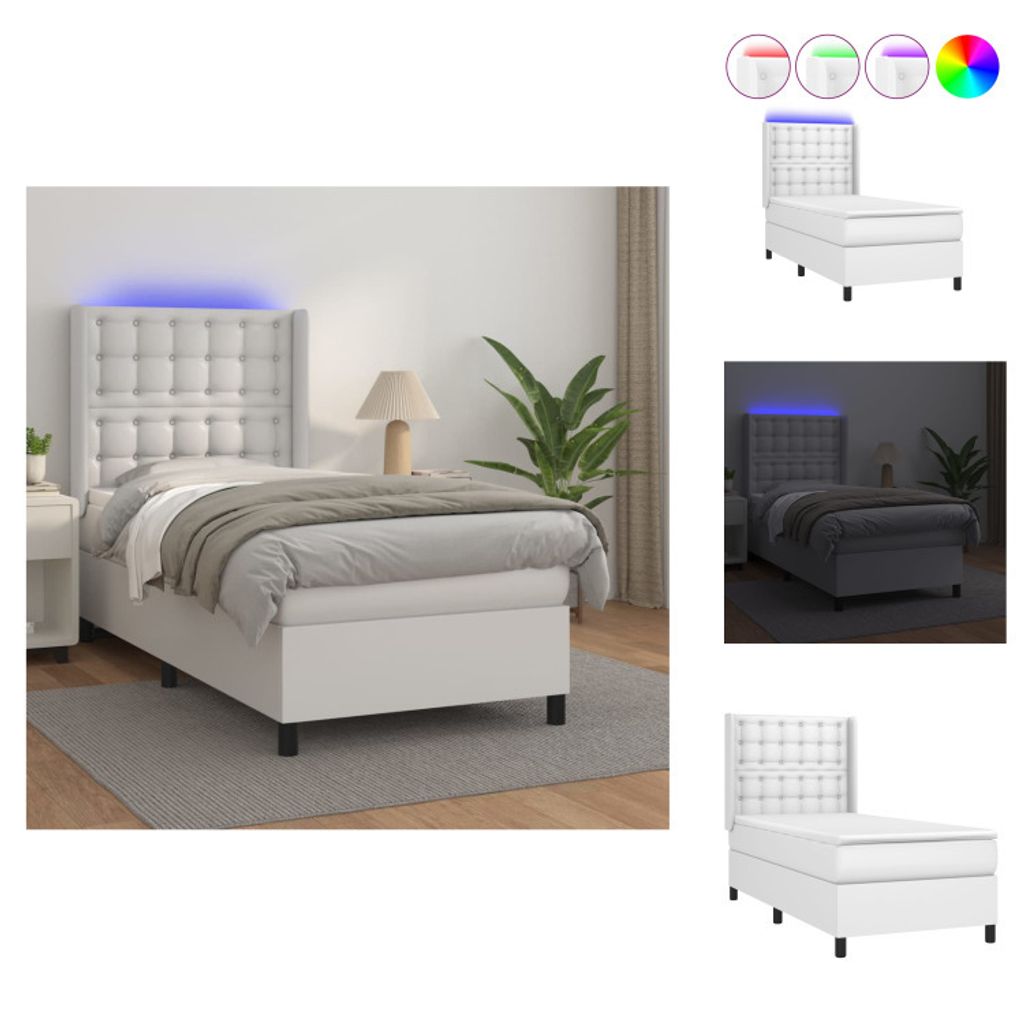 vidaXL Boxspringbett mit Matratze & LED Weiß 90x200 cm Kunstleder - Betten & Bettgestelle