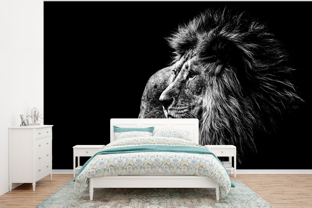 MuchoWow Fototapete für Wohnzimmer oder Schlafzimmer Wandtapete Vinyl Motivtapete Tiere - Wild - Löwe - Schwarz - Weiß - 320x240 cm - Tapeten