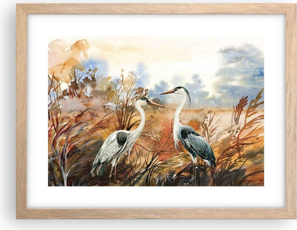 Gerahmtes Poster - Rahmen in heller Eiche - Kraniche Vögel Herbst - 40x30 cm - Wand Bild - Wanddeko - Wandbilder - Kunstposter - Wandposter - Bild...