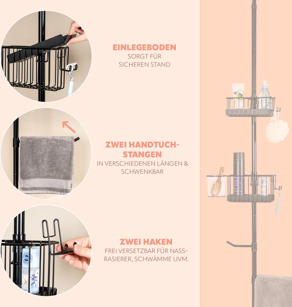 Bremermann Teleskop-Badregal 3 Körbe - Verstellbar Von 140-290 Cm Mit Handtuchstangen