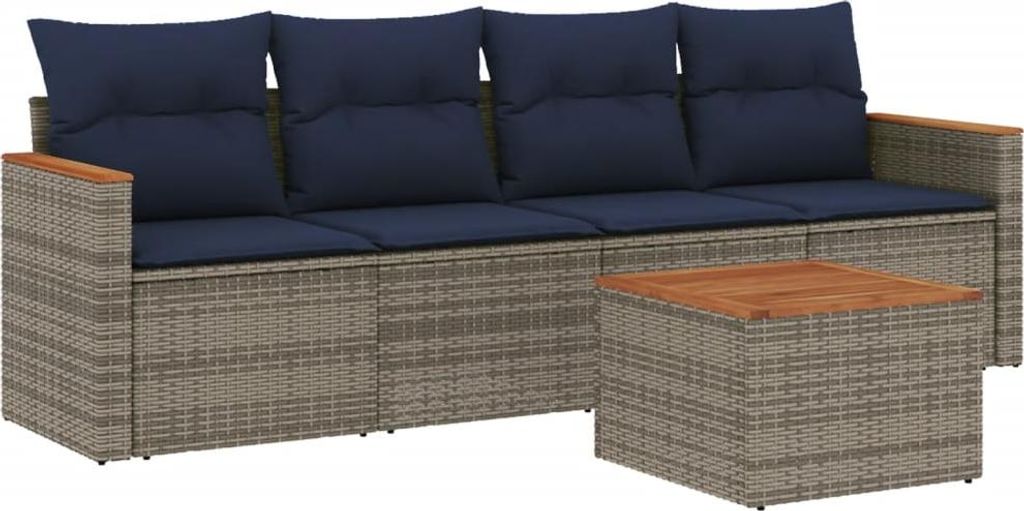 5-teiliges Gartensofa-Set mit Kissen, grau, Polyrattan