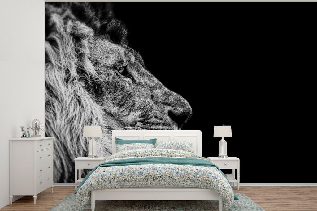 MuchoWow Fototapete für Wohnzimmer oder Schlafzimmer Wandtapete Vinyl Motivtapete Löwe - Profil - Schwarz - Weiß - 600x400 cm - Vinyltapeten
