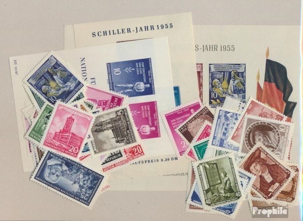 Briefmarken DDR 1955 Mi 447-509 (kompl.Ausg.) Jahrgang 1955 komplett postfrisch Engels, Schiller, Bauwerke u.a.