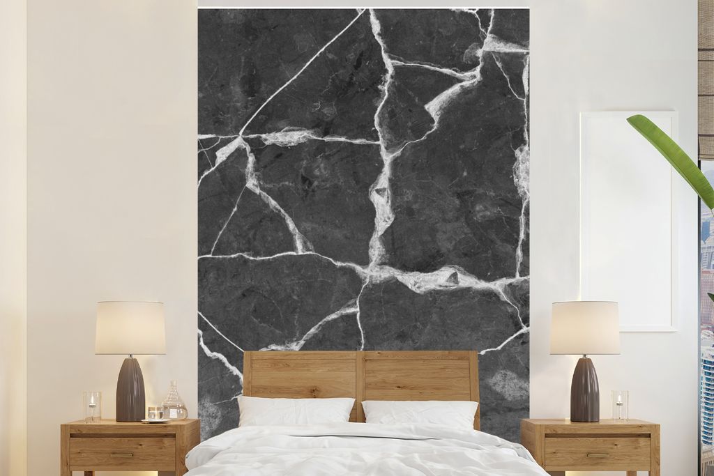 MuchoWow Fototapete für Wohnzimmer oder Schlafzimmer Wandtapete Vinyl Motivtapete Marmor - Linie - Weiß - Schwarz - 200x300 cm - Wanddekorationen