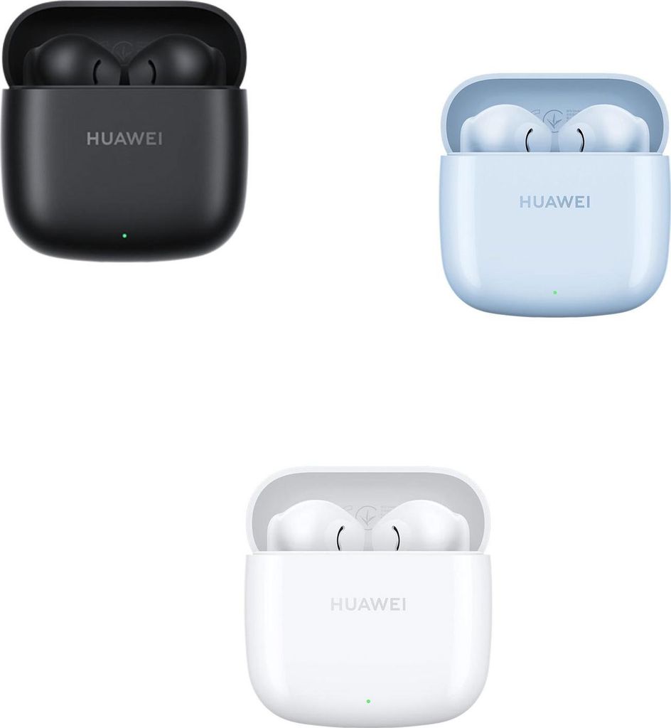 Three open charging cases for HUAWEI FreeBuds SE 2 earbuds, each containing a pair of earbuds. The cases are in black, light blue, and white.