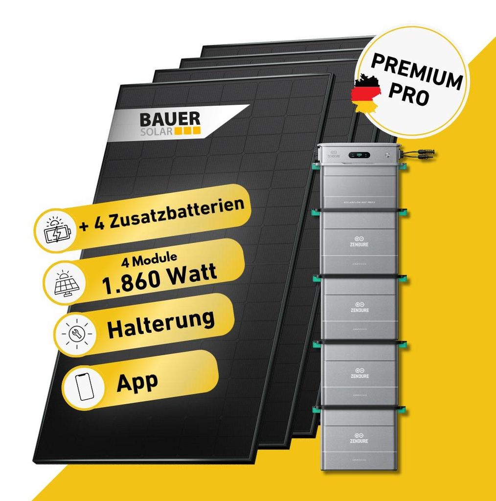 1860 Watt, Bifazial Komplettset, Balkonkraftwerk, Zendure Solarflow 800 Pro 2, 4 x AB2000L Zusatzbatterie, Germany 20m Anschlusskabel, Halterung Ba...
