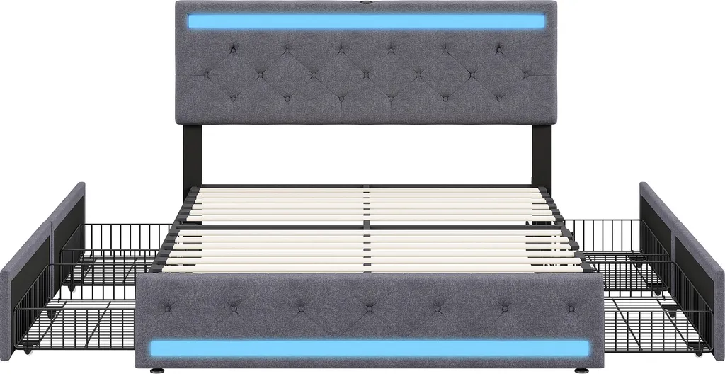Lit 160x200 moderne avec LED et USB, solution gain de place 4 tiroirs - 6