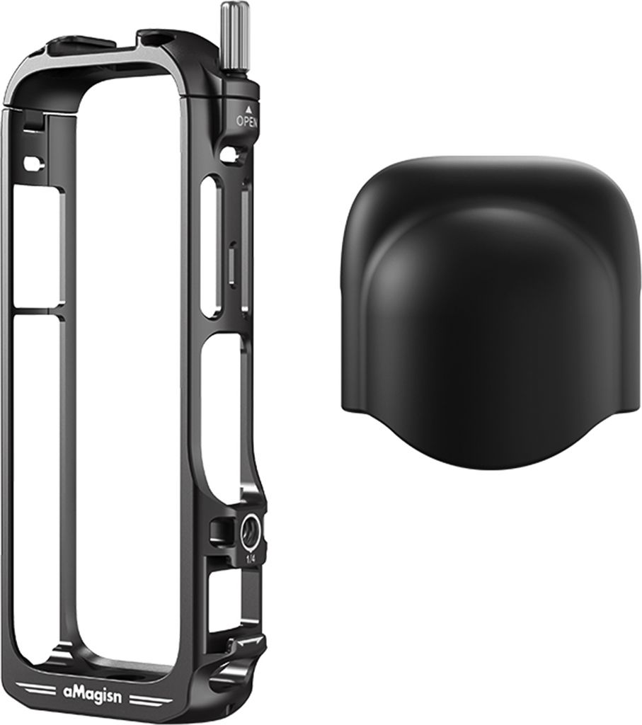 aMagisn Panoramakamera-Videokaefig, Dual-Cold-Shoe-Halterungen mit Silikon-Objektivdeckel, Metallschutzrahmen, Kamerakaefig, kompatibel mit Insta36...