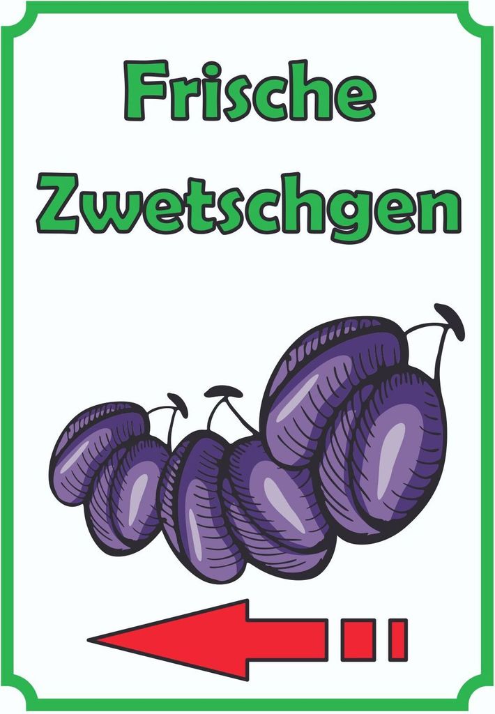 Frische Zwetschgen Schild Hochkant mit Pfeil links A5 Rückseite selbstklebend