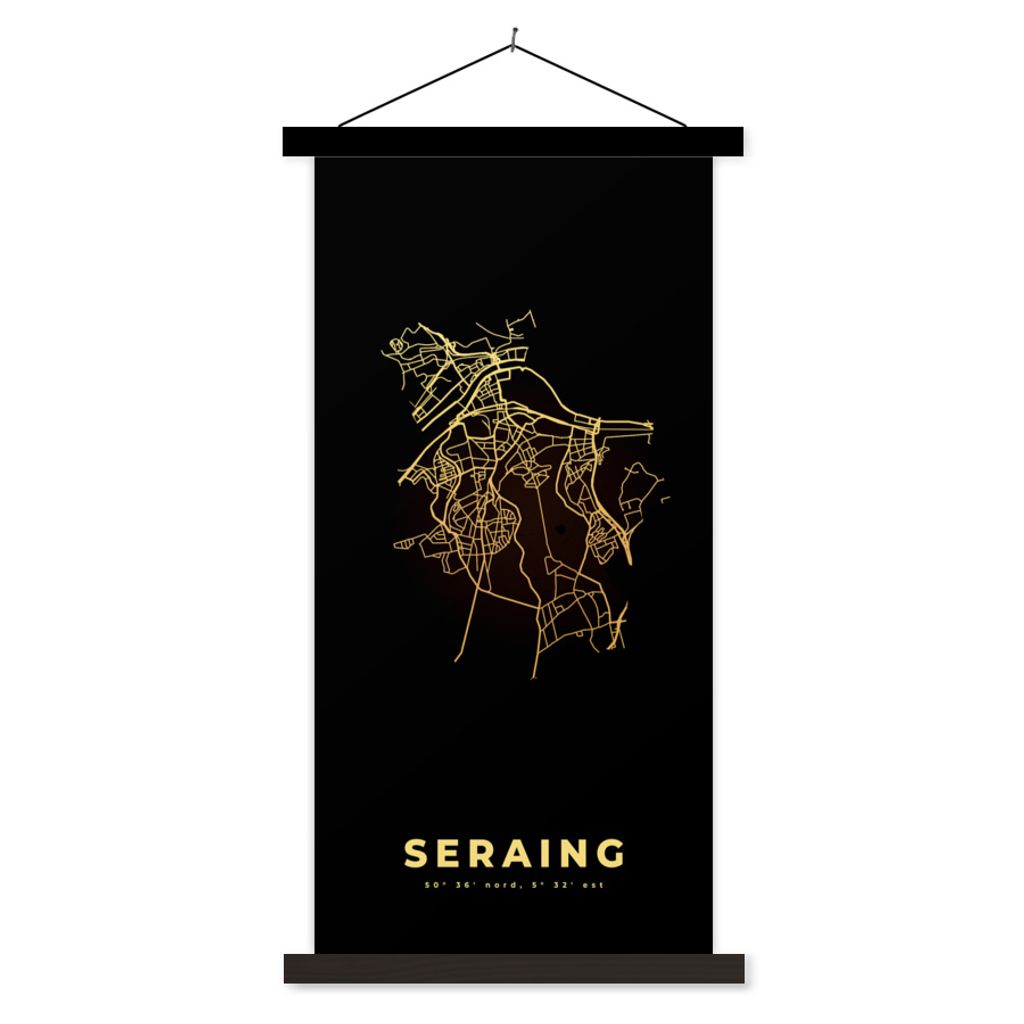 MuchoWow Textilposter Belgien - Stadtplan - Gold - Karte - Seraing - Karte 60x120 cm mit schwarzem Rahmen - Magnete