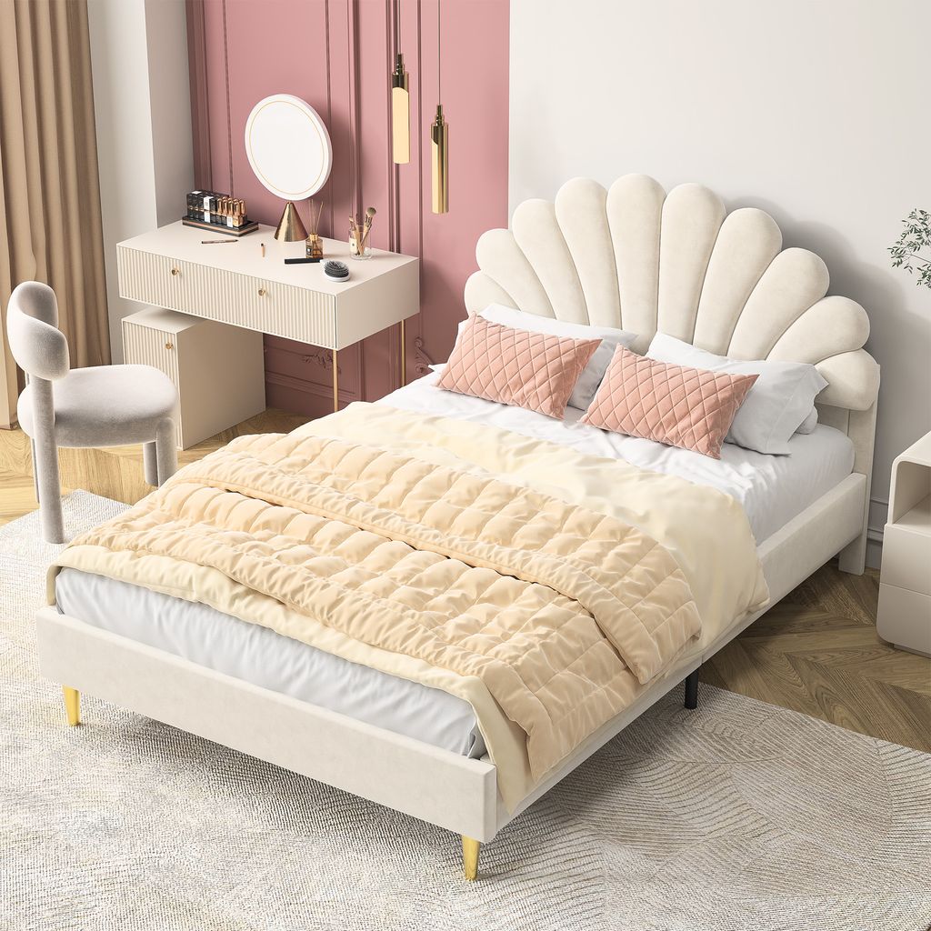 Doppelbett 140 x 200, gepolstertes Bett, Erwachsenenbett mit blumenförmigem Kopfteil, beige
