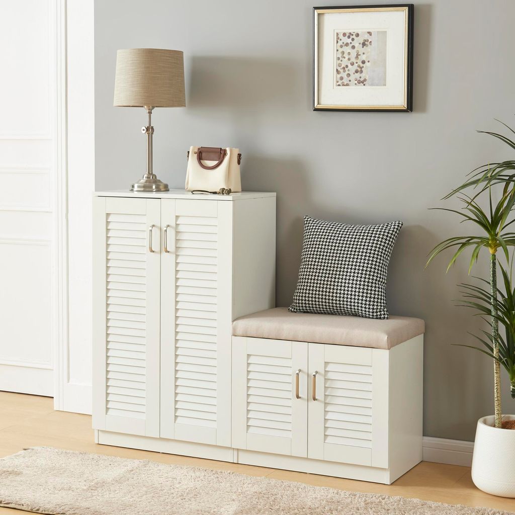 Schuhschrank 'Løten' mit Sitzbank Schuhregal 120 x 36 x 97 cm mit 4 Türen und 9 Ablagen Weiß