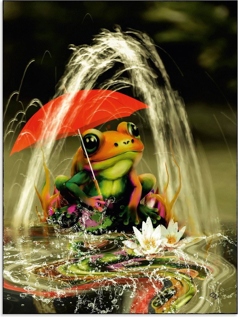 ARTland Wandbild Alu für Innen & Outdoor Frosch mit rotem Schirm Größe: 60x80 cm