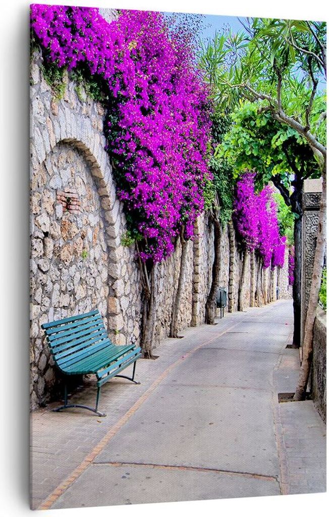 Bild auf Leinwand - Leinwandbild - Einteilig - Pflanzen Bank Straße Sommer - 80x120cm - Wand Bild - Wanddeko - Wandbilder - Leinwanddruck - Wandde...