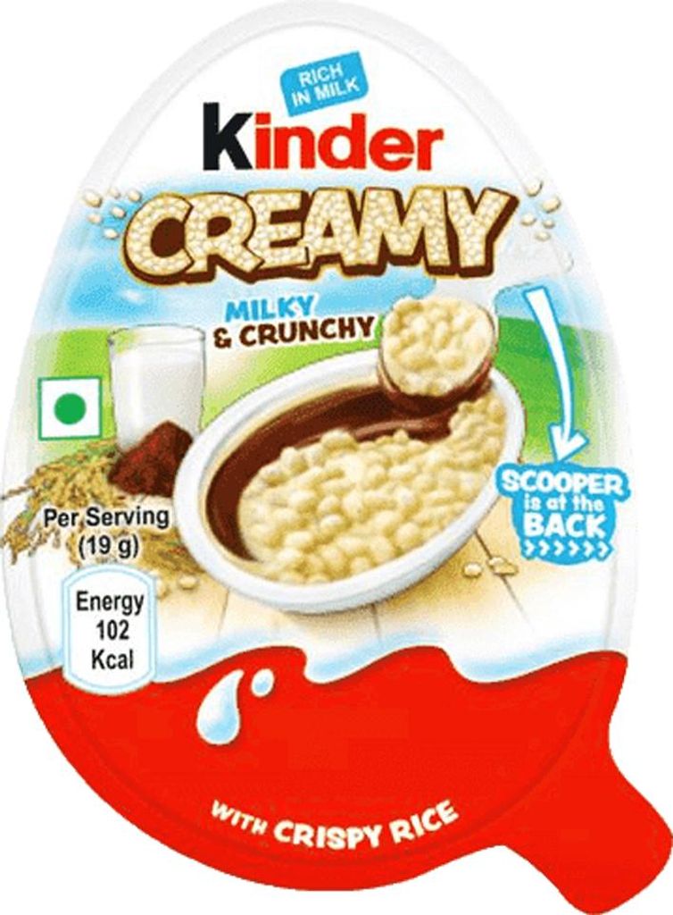 The image shows the packaging of a Kinder Creamy Milky & Crunchy chocolate egg with crispy rice.