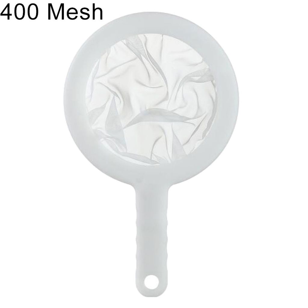 A white handheld mesh strainer with a white handle, against a white background.