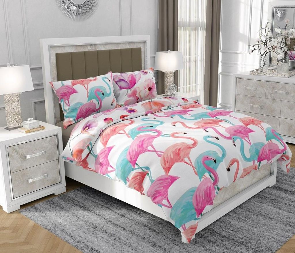 Bettwäsche 140x200 cm + 2x70x80 cm, 3-teilig, 100% Baumwolle, Satin, Reißverschluss, Flamingo, Rosa - SOVIO | So.9023