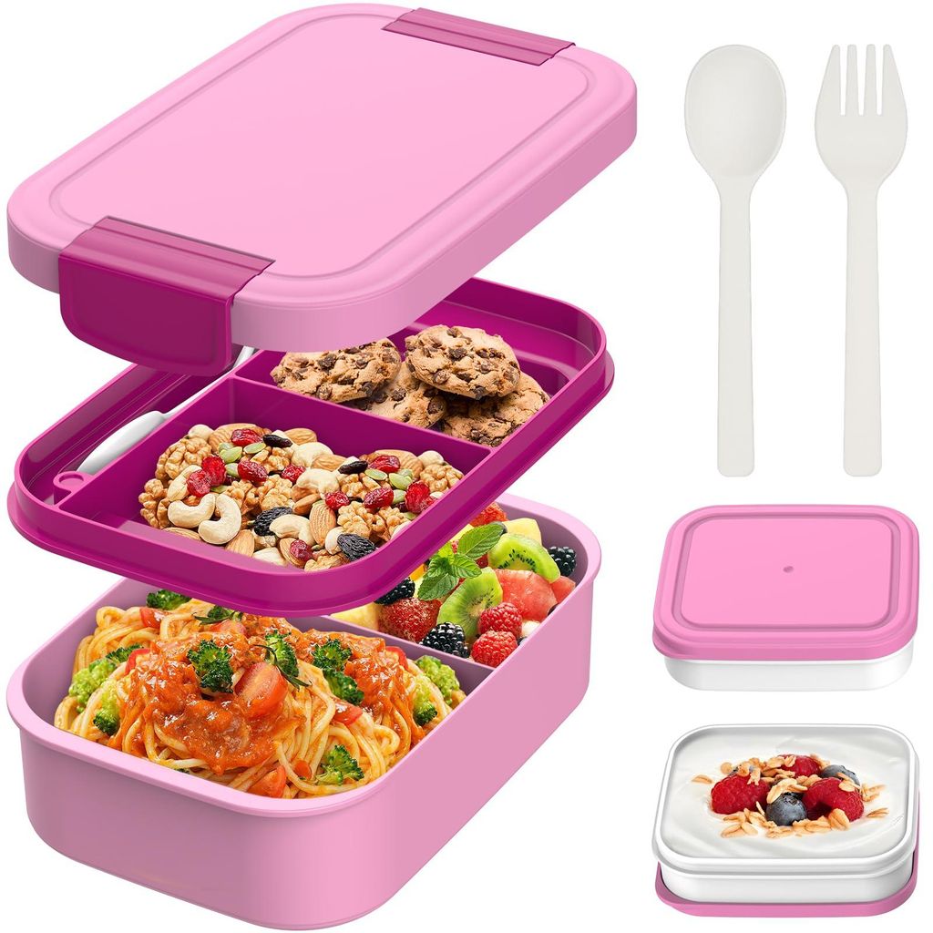 Lunchbox für Kinder und Erwachsene mit Fächern, 1960 ml, BPA-frei, auslaufsicher, Bento-Box mit Besteck und Soßenbehälter für Schule, Picknick...