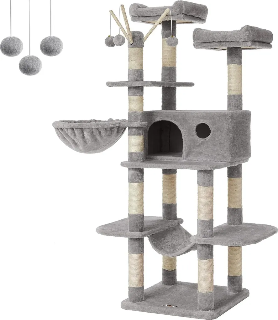 FEANDREA Arbre à chat XXL 164 cm Gris Clair avec niches et paniers doux