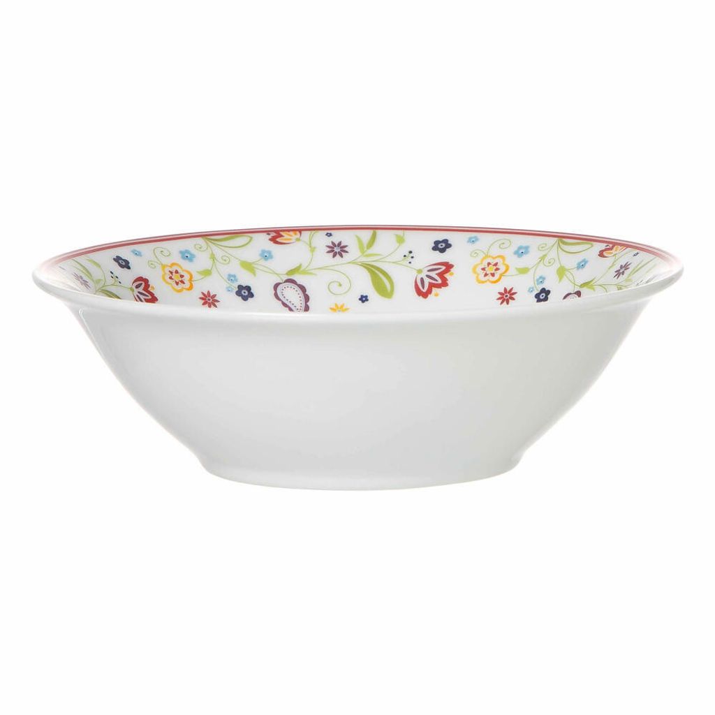 A white ceramic bowl with a floral pattern around the rim.
