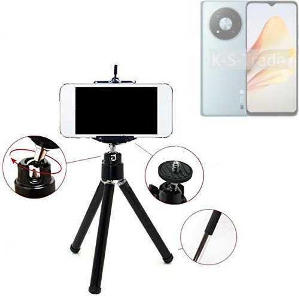 K-S-Trade Smartphone Stativ Dreibein kompatibel mit ZTE Voyage A41 5G Tripod aus Aluminium Klemmstativ Stativ Adapter für Mobiltelefone schwarz 1x