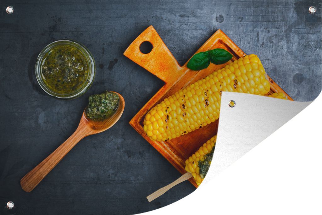 MuchoWow 120x80 cm Outdoor-Poster Gartendeko Sichtschutz Garten Poster für den Garten Gegrillte Maiskolben mit Pestosauce