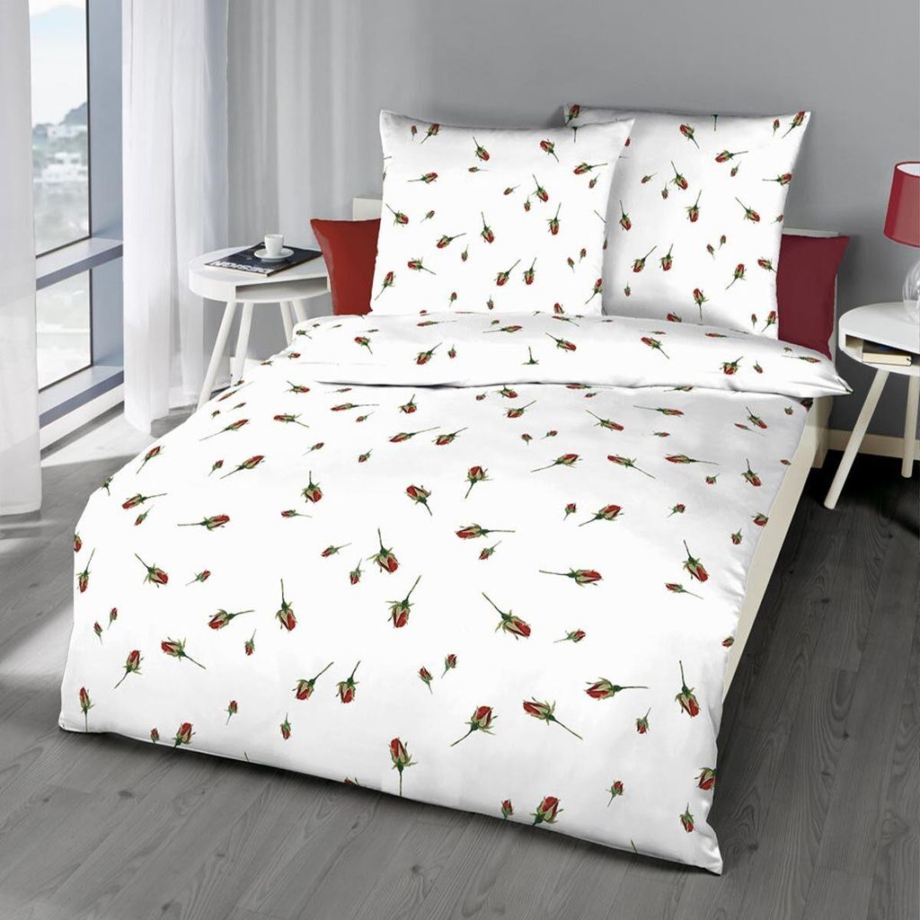 Kaeppel Biber Bettwäsche Rosen Knospen weiss rot 155x220 cm Produktbild 