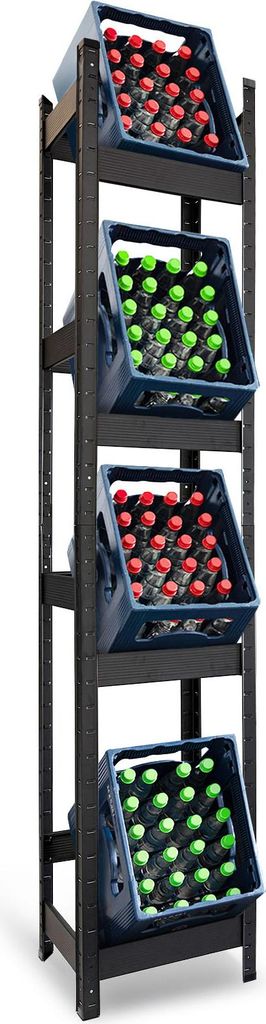 A tall, narrow shelving unit designed to hold crates of bottles.