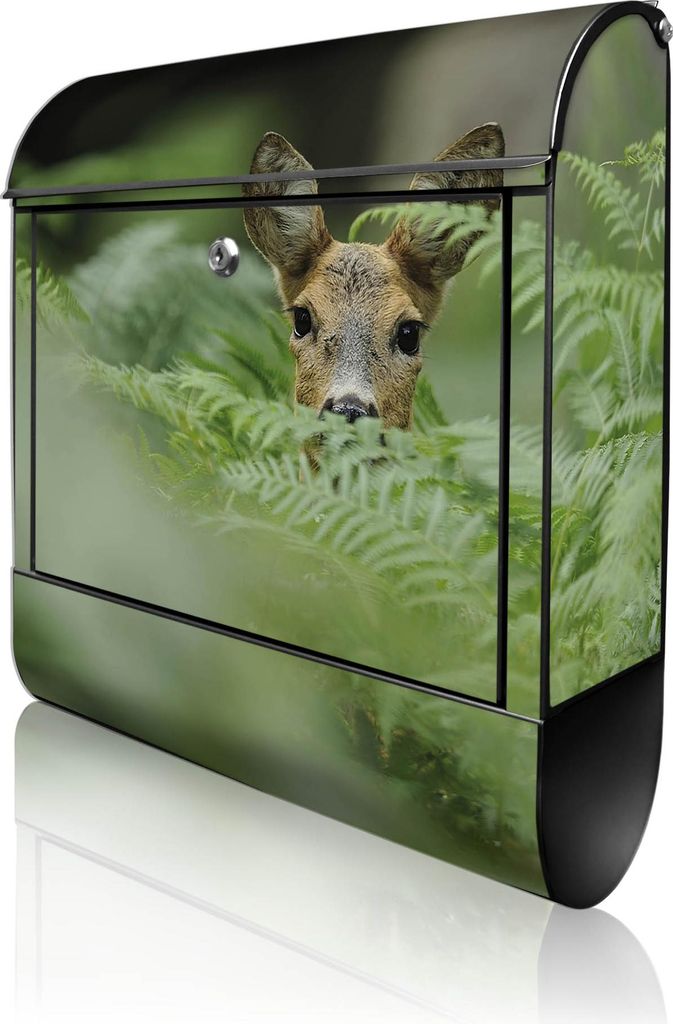 banjado Design Briefkasten Stahl schwarz mit Zeitungsfach pulverbeschichtet "Reh" 38x46x12,5cm & 2 Schlüssel - Postkasten A4 Einwurf inkl. Montage...