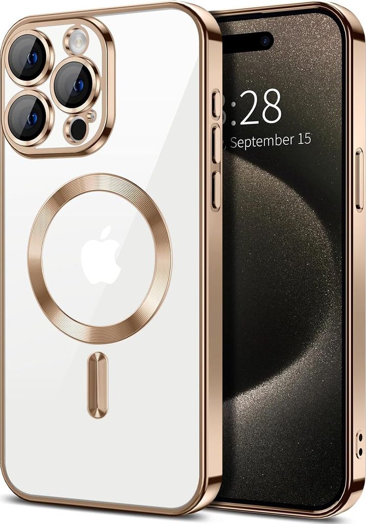 Magnetische Klar Hülle für iPhone 15 Pro Max, Kompatibel mit MagSafe, Elektroplattiert Handyhülle mit Kameraschutz Braun
