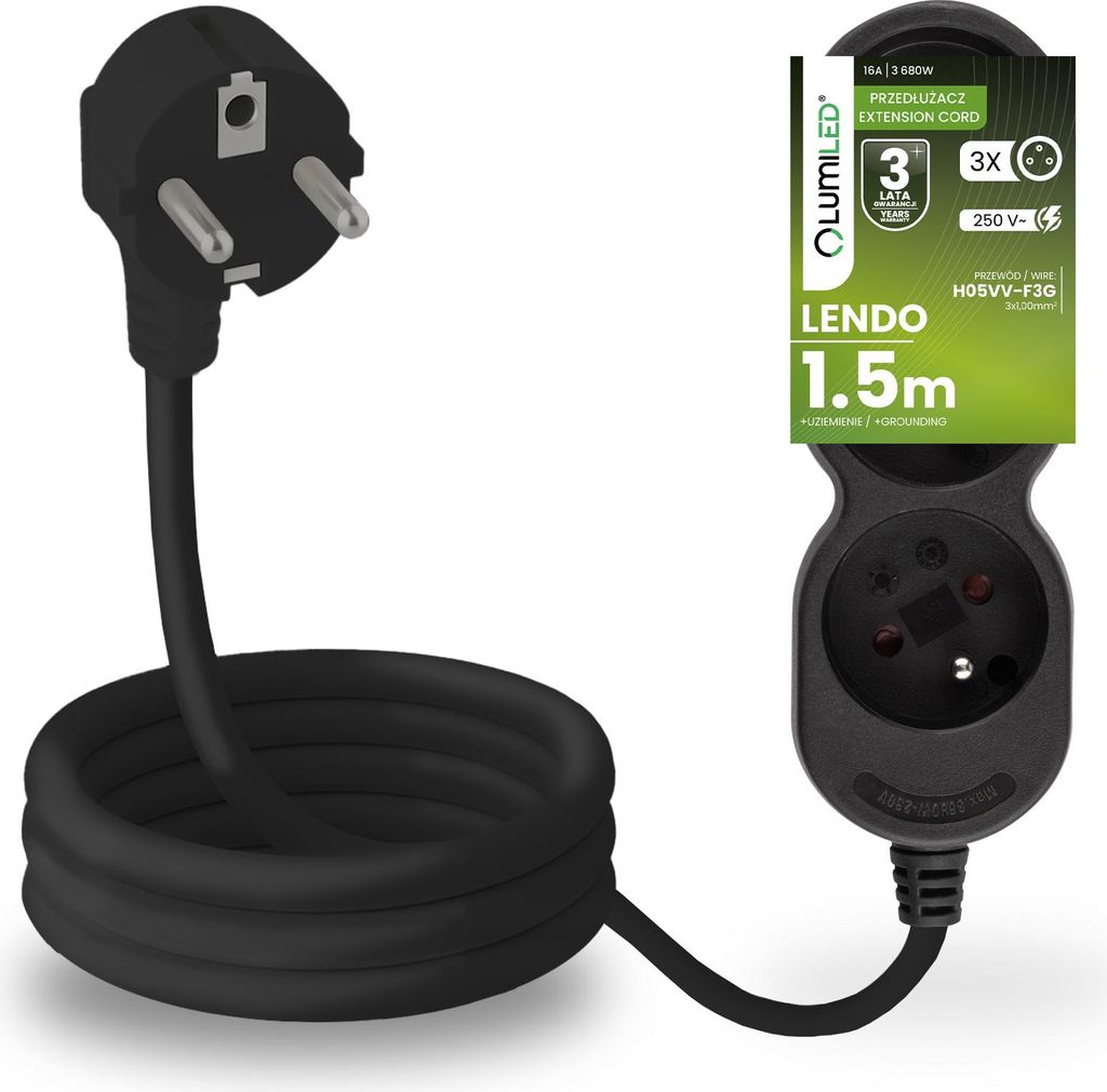 LUMILED Steckdosenleiste 3-Fach Steckdose Typ E, 1,5m Kabel H05VV-F3G schwarz Mehrfachsteckdose E Stecker 16A 3680W 250V IP20 Halterung zum Aufhängen