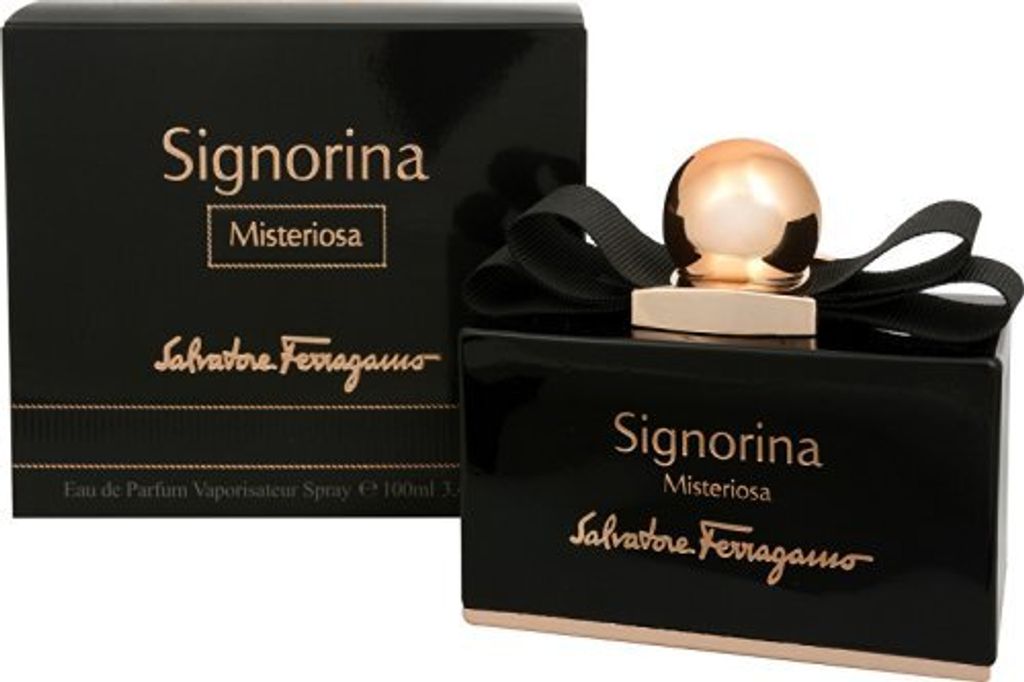 A black perfume bottle and its packaging are displayed against a white background.