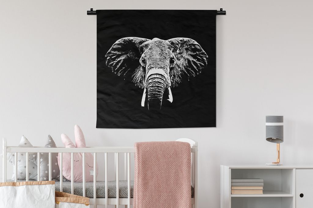 MuchoWow Wandteppich Wandbehang Elefant - Tiere - Schwarz - Weiß 90x90 cm Tapisserie Dekoration Wandtuch - Wandaufhänger