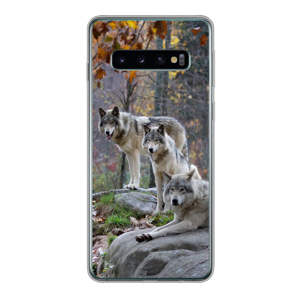 MuchoWow Handyhülle Schutzhülle Hülle für Samsung Galaxy S10 Wölfe - Fels - Wald Silikon Softcase Handy Hülle - Handytasche