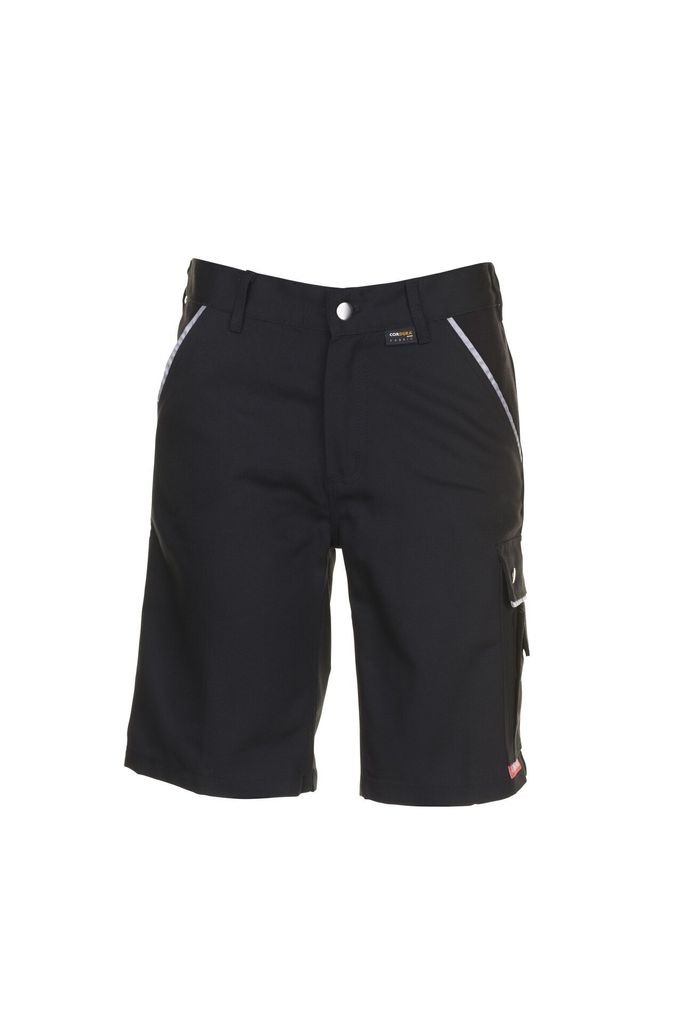 A pair of black work shorts on a white background.