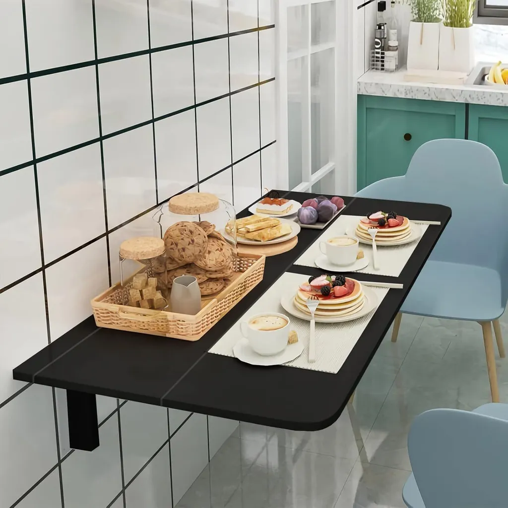 Table Murale Rabattable Noire 80x60cm - Plateau en Bois Robuste Compact